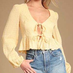 Lulus Dreamy Delight Light Yellow Long Sleeve Tie-front Peplum Top - Size S